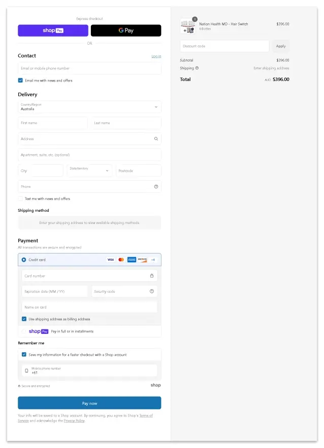 Hair Switch Secure Checkout Page